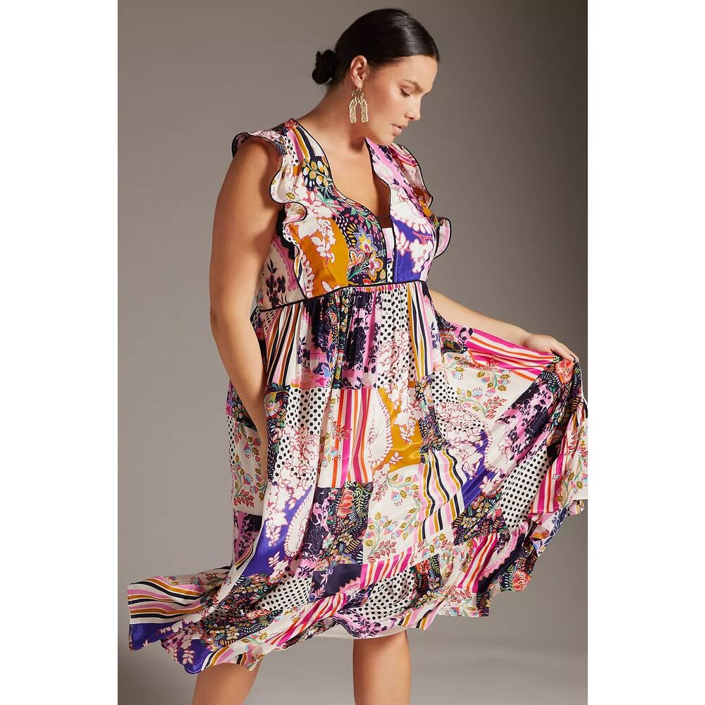 Anthropologie Patchwork Print Ruffle Shoulder Swi… - image 1